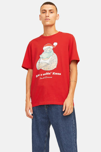T-shirt rouge à manches courtes d'ORIGINALS BY JACK & JONES, avec une impression de Noël graphique sur l'avant.