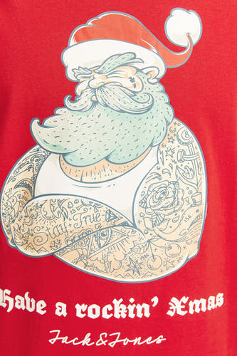 T-shirt rouge à manches courtes d'ORIGINALS BY JACK & JONES, avec un imprimé de Père Noël et le texte 'Have a rockin' Xmas'.