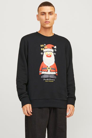 Pull noir à col rond ORIGINALS BY JACK & JONES avec imprimé Père Noël, flocons de neige et texte Party Season, vue de face