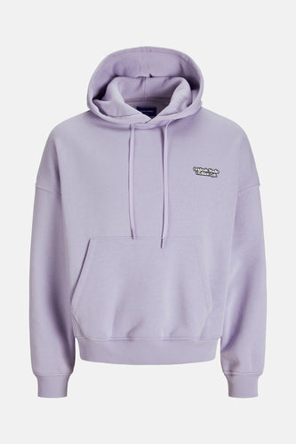 Lila hoodie met capuchon en zak.