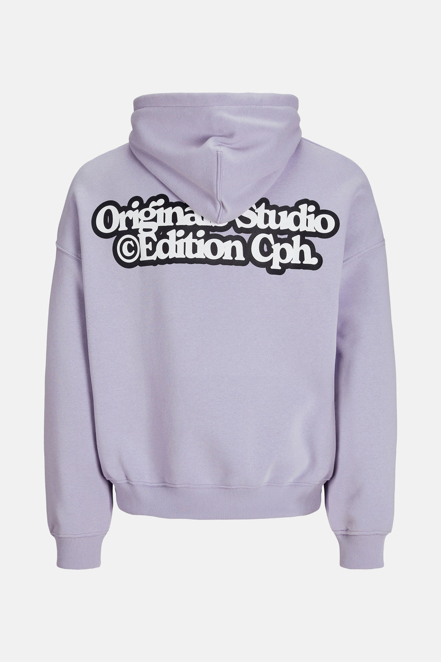 Paarse hoodie met tekstprint op de rug.
