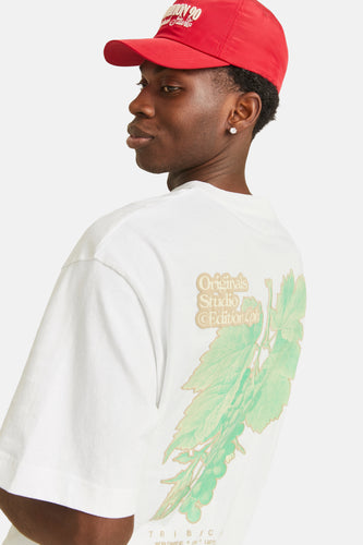 Man met rode pet en wit T-shirt met groene print.