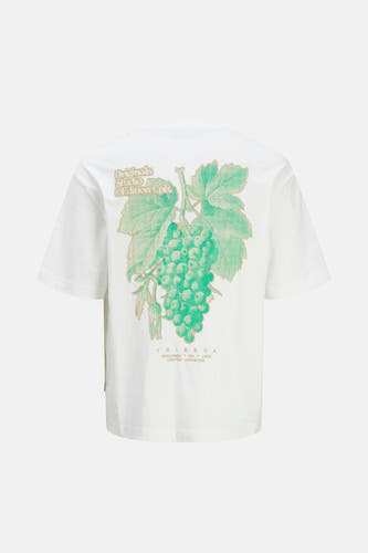 T-shirt blanc à manches courtes d'ORIGINALS par JACK & JONES, avec une impression de raisins verts sur le dos.
