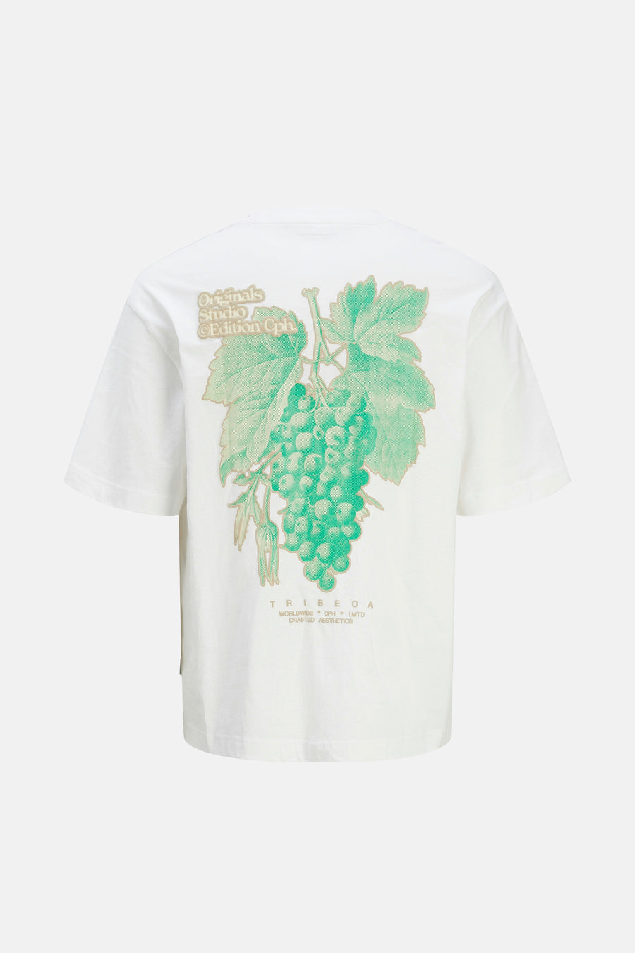 Wit T-shirt met groene druivenprint op de achterkant.