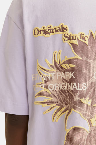 T-shirt bleu marine à manches courtes d'ORIGINALS BY JACK & JONES, avec une impression graphique d'une tournesol.
