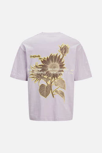 T-shirt bleu marine à manches courtes d'ORIGINALS BY JACK & JONES, avec imprimé de tournesol et texte sur le dos.