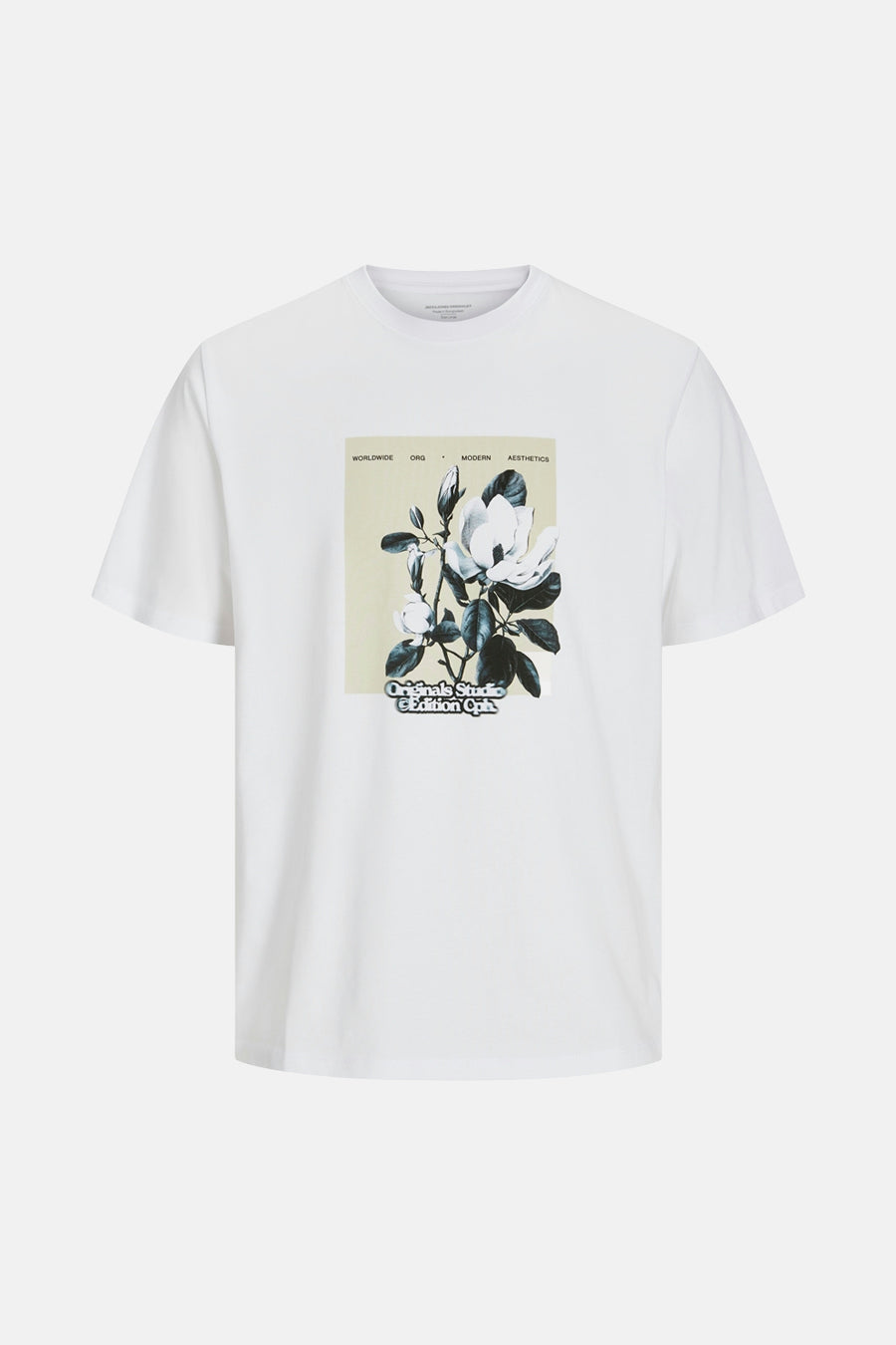 T-shirt blanc à manches courtes d'ORIGINALS BY JACK & JONES, avec un imprimé de fleurs dans un cadre rectangulaire.