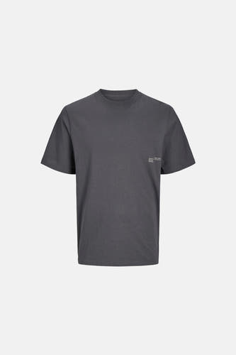 T-shirt bleu marine à manches courtes de CORE BY JACK & JONES, tissu lisse avec un petit imprimé sur la poitrine.