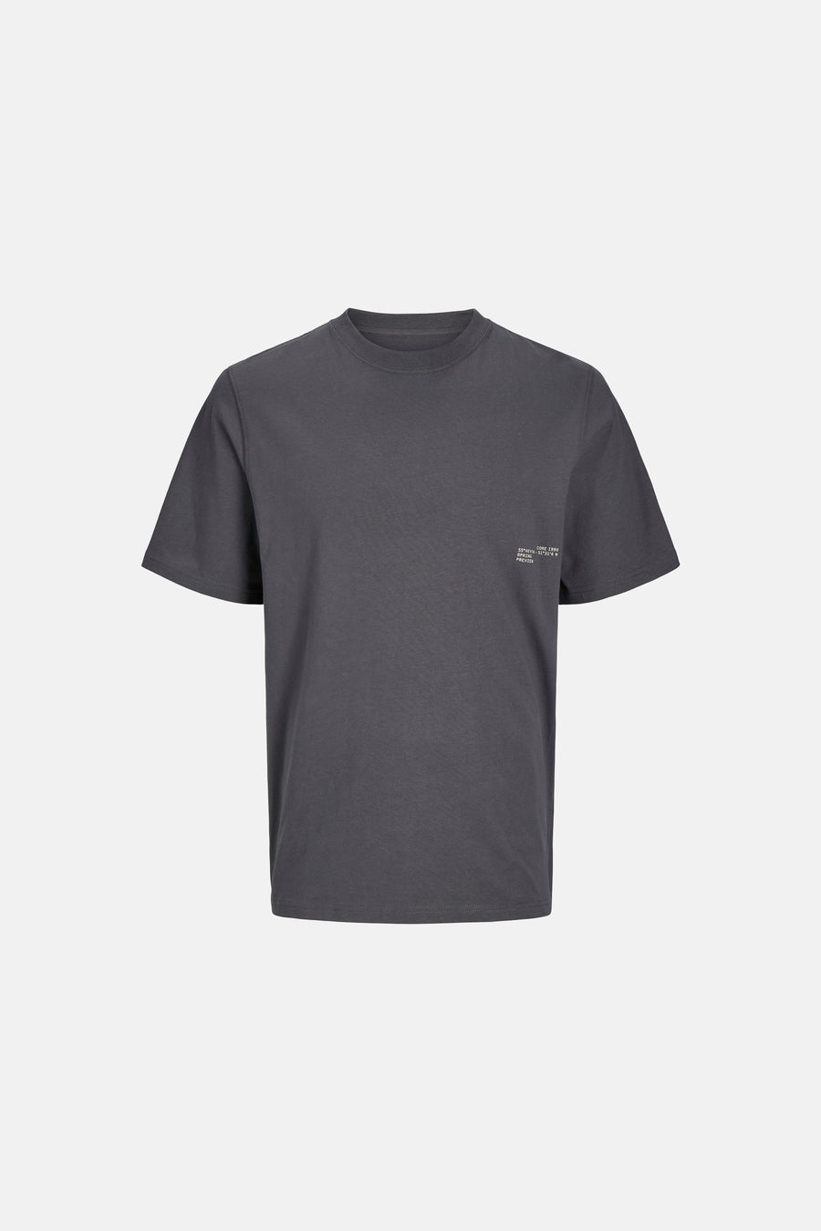 Grijs T-shirt met korte mouwen en kleine tekstprint.
