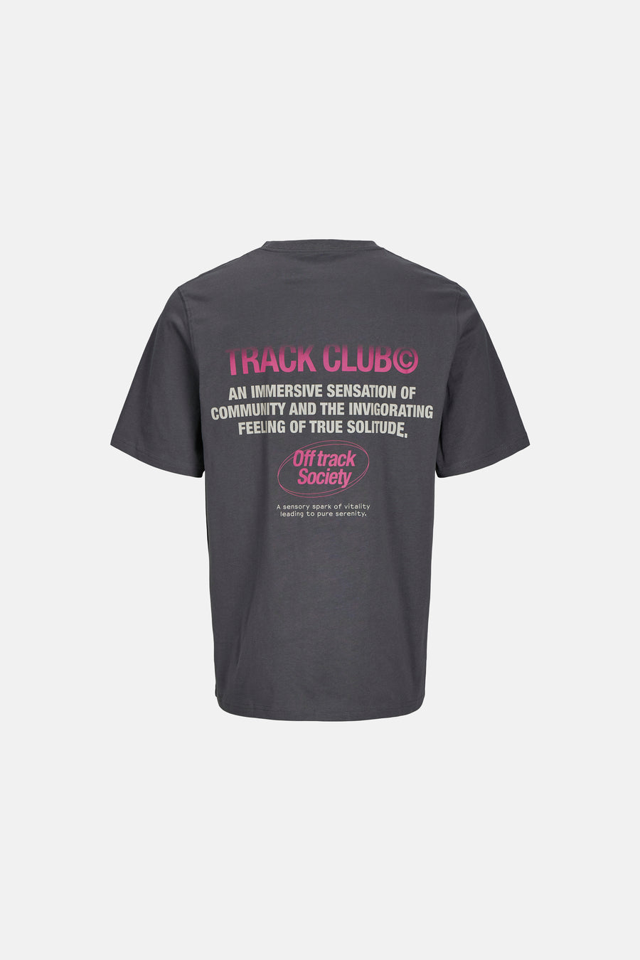 Grijs T-shirt met roze "Track Club" en "Off Track Society" print.