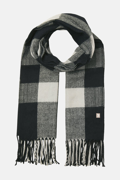 Zwarte wintersjaal van ACCESSORIES BY JACK & JONES met een groot ruitpatroon en franjes.