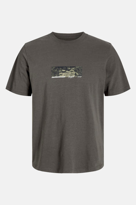 T-shirt gris à manches courtes de CORE BY JACK & JONES, avec une impression graphique sur la poitrine.