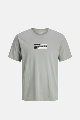 T-shirt gris à manches courtes de CORE par JACK & JONES, avec un logo rectangulaire sur la poitrine.