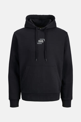 Gilet noir avec capuche de CORE by JACK & JONES, avec un logo de marque blanc sur la poitrine et une poche kangourou.