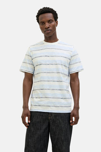 T-shirt bleu à manches courtes de PREMIUM BLUE par JACK & JONES, avec un motif rayé, porté avec des jeans foncés.