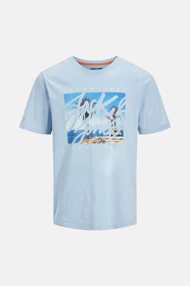 T-shirt bleu à manches courtes d'ORIGINALS BY JACK & JONES, avec une impression carrée de palmiers et un bus.