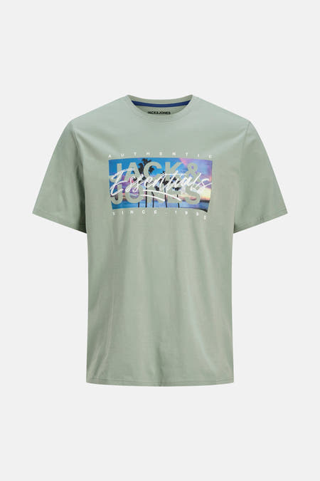 T-shirt vert avec manches courtes de Jack & Jones avec imprimé graphique de palmiers et col rond.