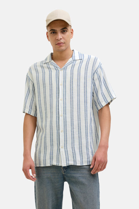 Chemise à rayures bleues avec manches courtes de PREMIUM BLUE par JACK & JONES, avec collet et boutons.