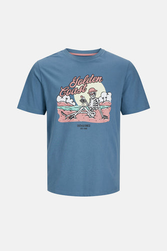 Blauw T-shirt met strandprint en skelet.