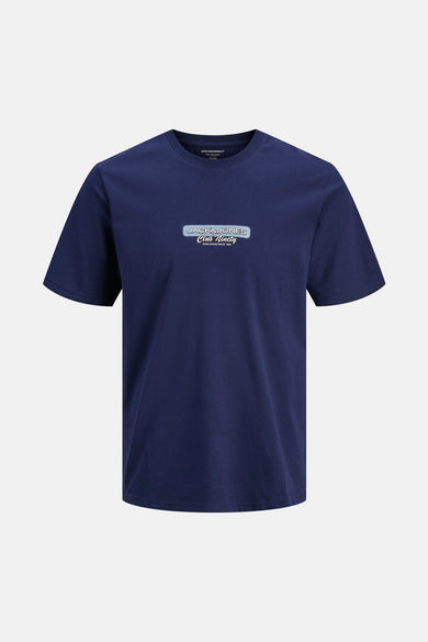 T-shirt bleu à manches courtes d'ORIGINALS BY JACK & JONES, avec une impression de logo dans un style vintage.