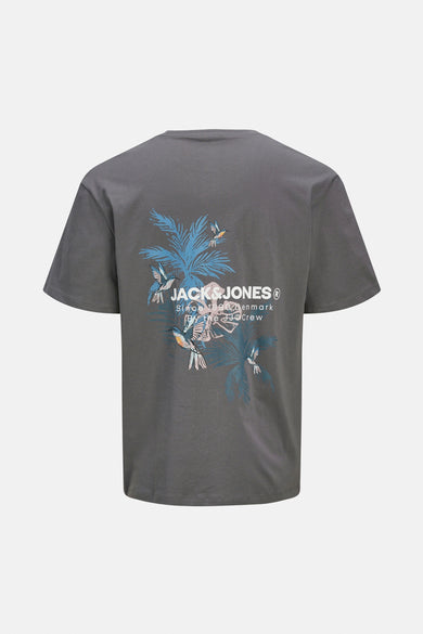 T-shirt gris à manches courtes d'ORIGINALS BY JACK & JONES, avec une impression de palmiers et d'oiseaux sur le dos.