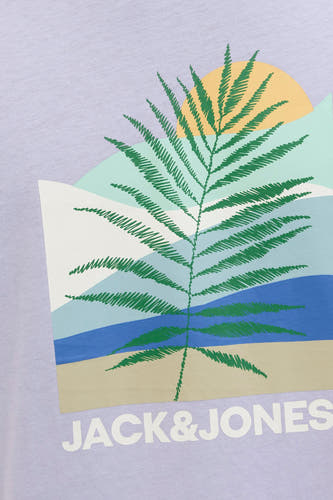 T-shirt bleu marine à manches courtes d'ORIGINALS BY JACK & JONES, avec une impression graphique d'un palmier et d'un paysage.
