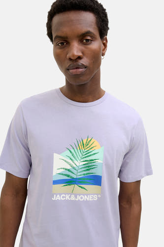 T-shirt bleu marine à manches courtes d'ORIGINALS BY JACK & JONES, avec une impression de feuille de palmier.