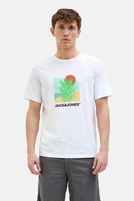 T-shirt blanc à manches courtes d'ORIGINALS BY JACK & JONES, avec une impression graphique d'une plante et d'un soleil rouge.