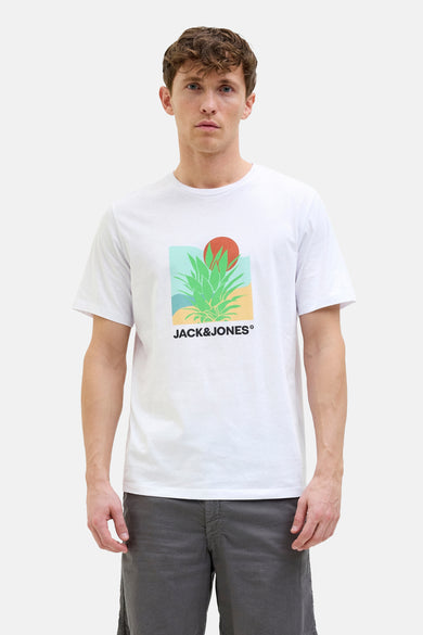 T-shirt blanc à manches courtes d'ORIGINALS BY JACK & JONES, avec une impression graphique d'une plante et d'un soleil rouge.
