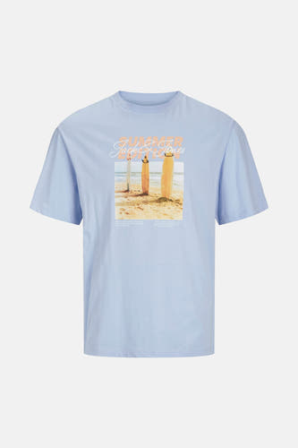 T-shirt bleu à manches courtes d'ORIGINALS BY JACK & JONES avec une impression estivale sur la poitrine.
