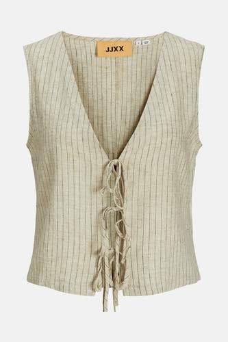 Blouse sans manches beige de JJXX avec un motif rayé vertical et des détails de cordon à l'avant.