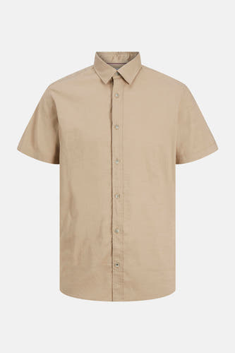 Chemise beige à manches courtes de PREMIUM BLUE par JACK & JONES, tissu lisse avec fermeture à boutons devant.