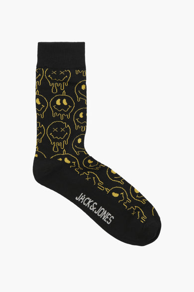 Chaussette noire avec imprimé smiley jaune de ACCESSORIES BY JACK & JONES, avec logo blanc sur l'orteil, affiché latéralement