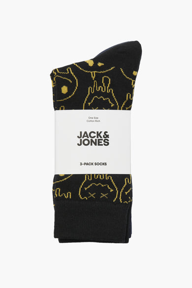 Chaussettes noires avec imprimé animalier jaune de Jack & Jones, lot de 3, riches en coton, pliées et emballées