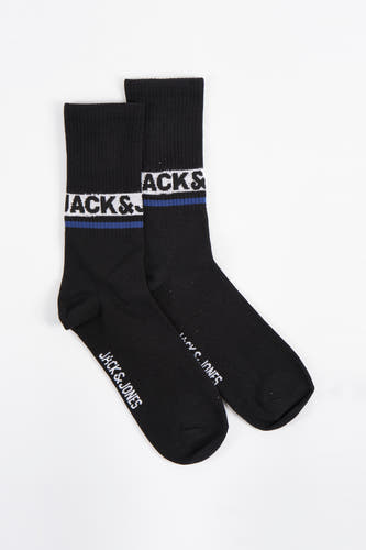 Zwarte sokken van ACCESSORIES BY JACK & JONES, met merknaam in witte letters en blauwe streep.