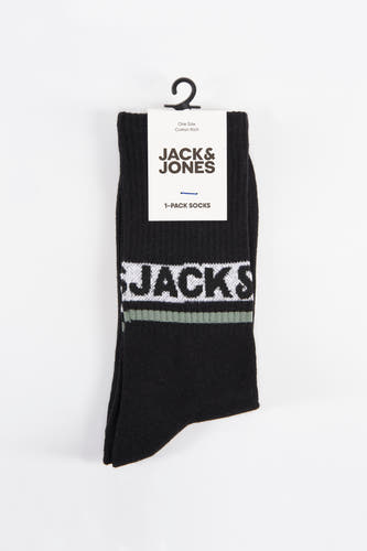 Chaussettes noires d'ACCESSORIES BY JACK & JONES avec le nom de marque blanc et une bande verte.