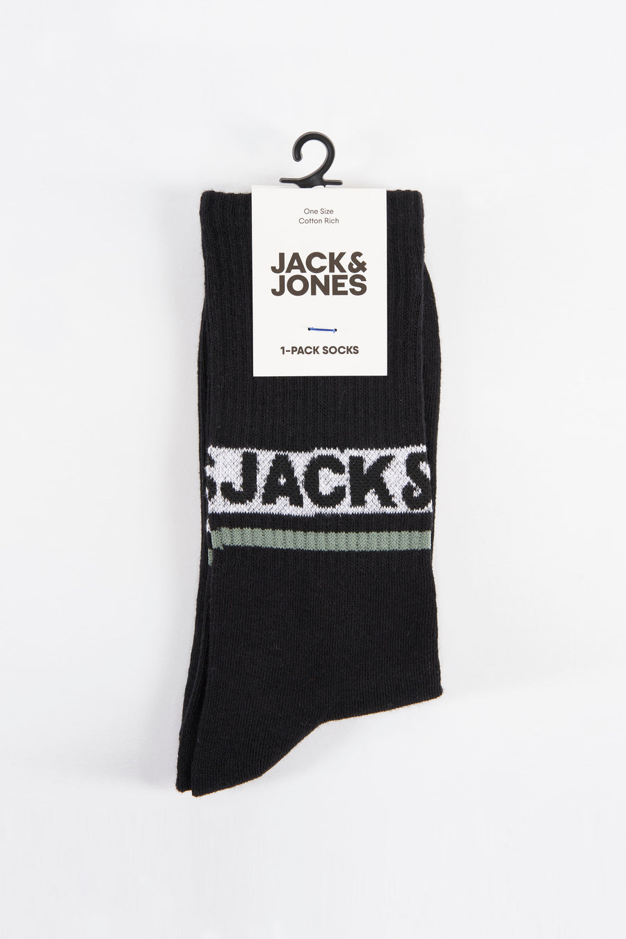 Chaussettes noires d'ACCESSORIES BY JACK & JONES avec le nom de marque blanc et une bande verte.