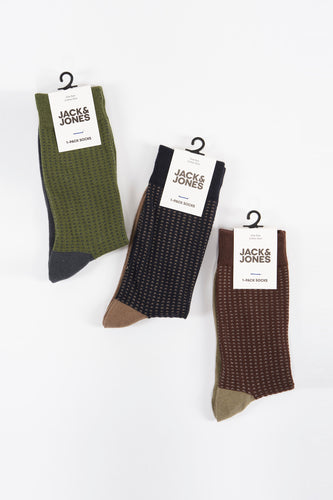 Drie paar Jack & Jones sokken in verschillende kleuren en patronen.