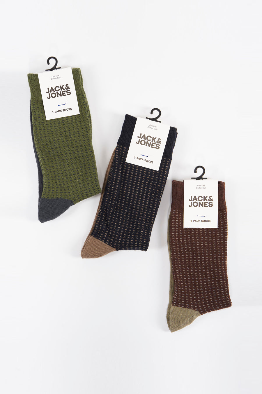 Drie paar Jack & Jones sokken in verschillende kleuren en patronen.