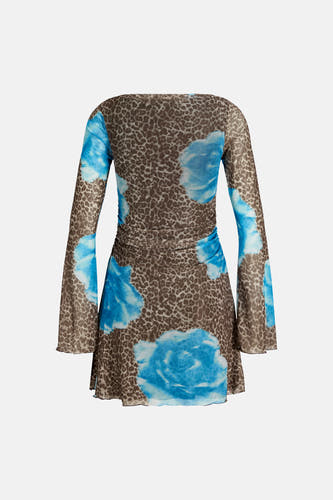 Robe multicolore à manches longues de JJXX, avec imprimé léopard et motifs floraux bleus, dos.