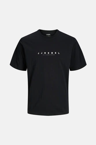 T-shirt noir à manches courtes de JJREBEL, avec un logo imprimé sur la poitrine.