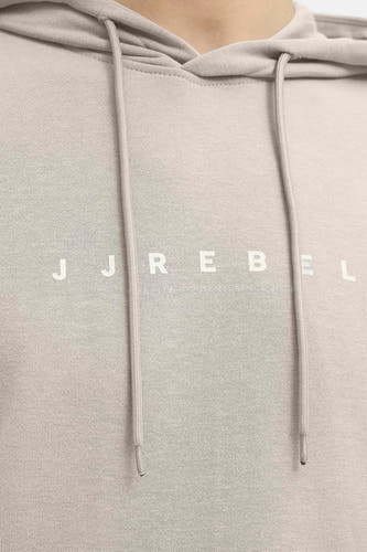 Pull beige à capuche JJREBEL, avec cordons blancs et logo sur le devant.