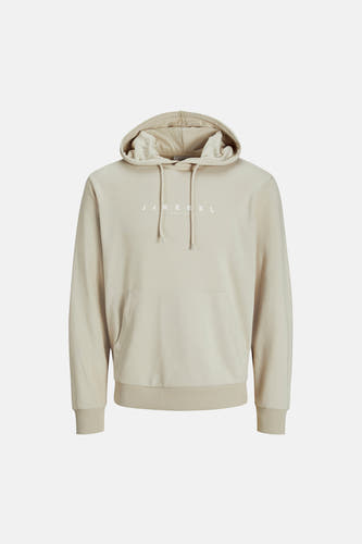 Pull beige à capuche JJREBEL, avec manches longues et une poche kangourou à l'avant.