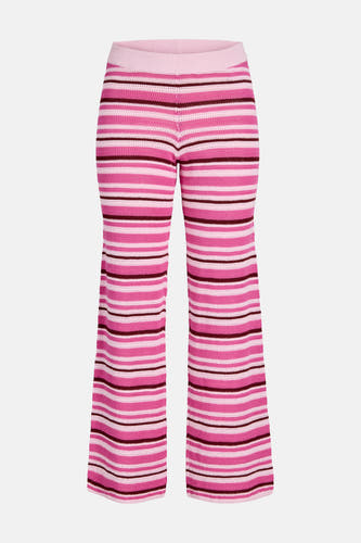 Pantalon en maille rose de JJXX avec des rayures dans différentes nuances de rose et des motifs ajourés.