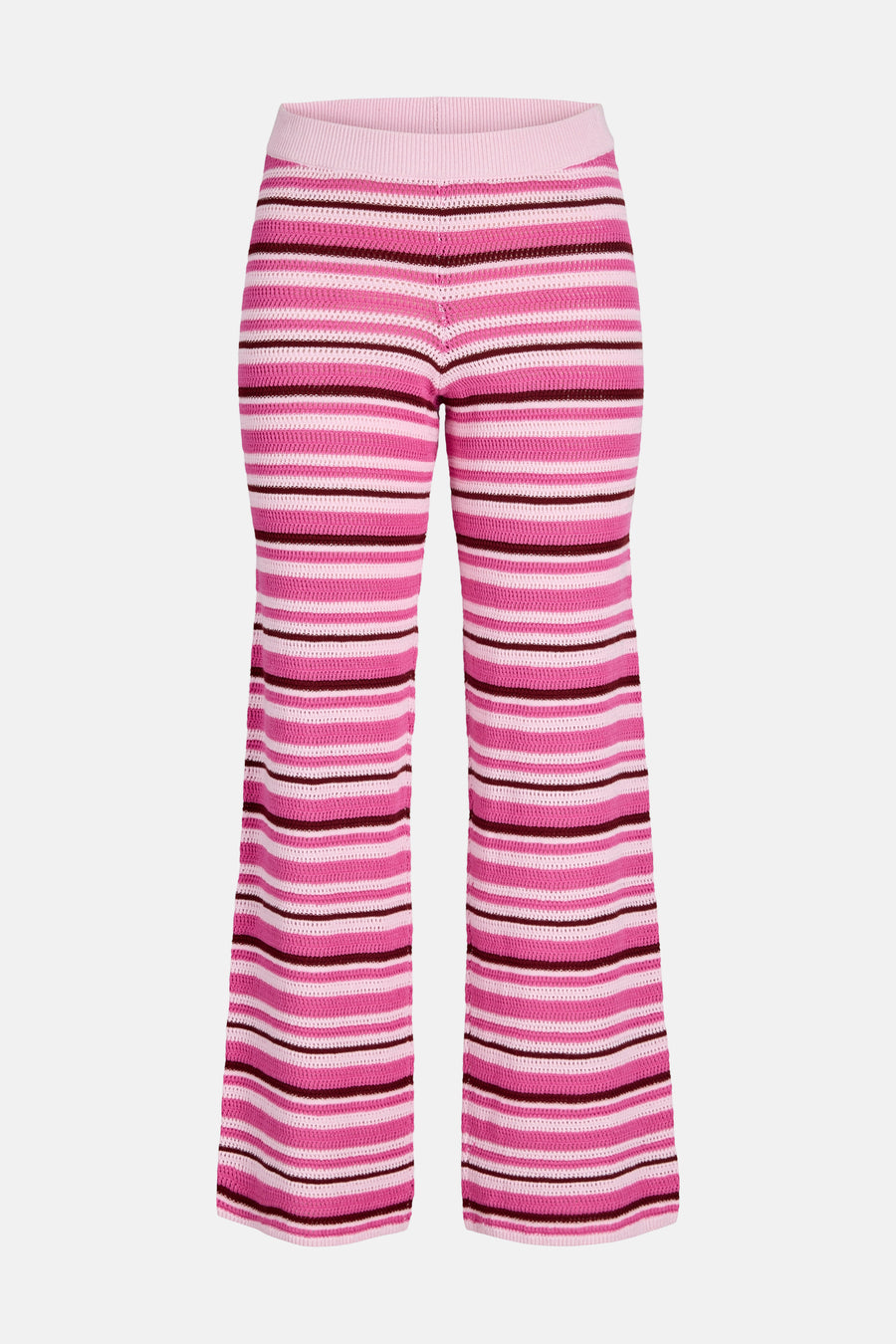 Pantalon en maille rose de JJXX avec des rayures dans différentes nuances de rose et des motifs ajourés.