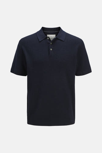 Polo bleu à manches courtes de PREMIUM by JACK & JONES, avec une texture finement tissée et un col boutonné.