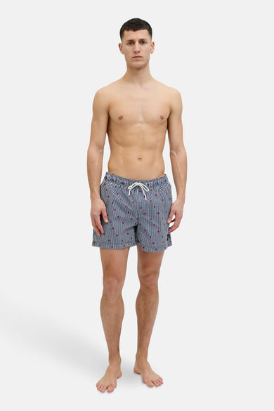 Short de natation bleu de JACK & JONES JEANS INTELLIGENCE, avec des rayures verticales et des accents rouges.