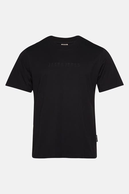 T-shirt noir à manches courtes de CORE BY JACK & JONES, avec une couleur unie et une subtile impression de texte sur la poitrine.