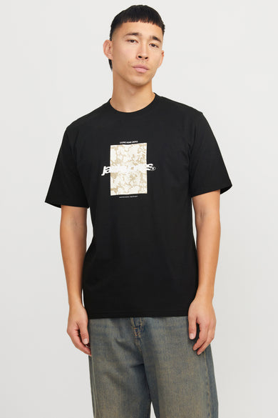 T-shirt noir à manches courtes d'Originals by Jack & Jones, avec une impression graphique sur la partie avant.