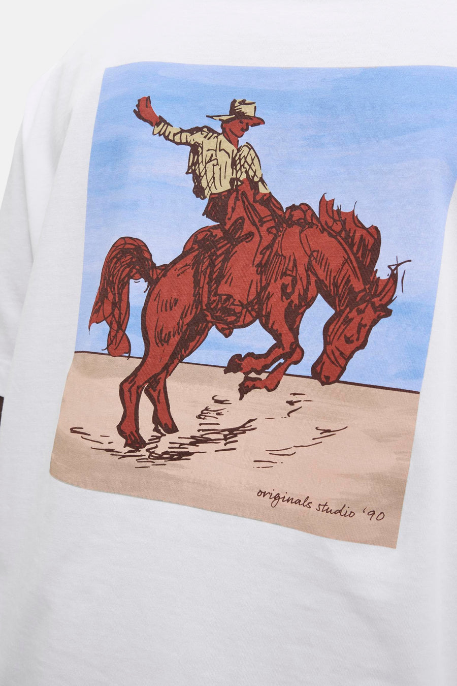 T-shirt blanc à manches courtes d'ORIGINALS BY JACK & JONES, avec un imprimé de cowboy sur un cheval.